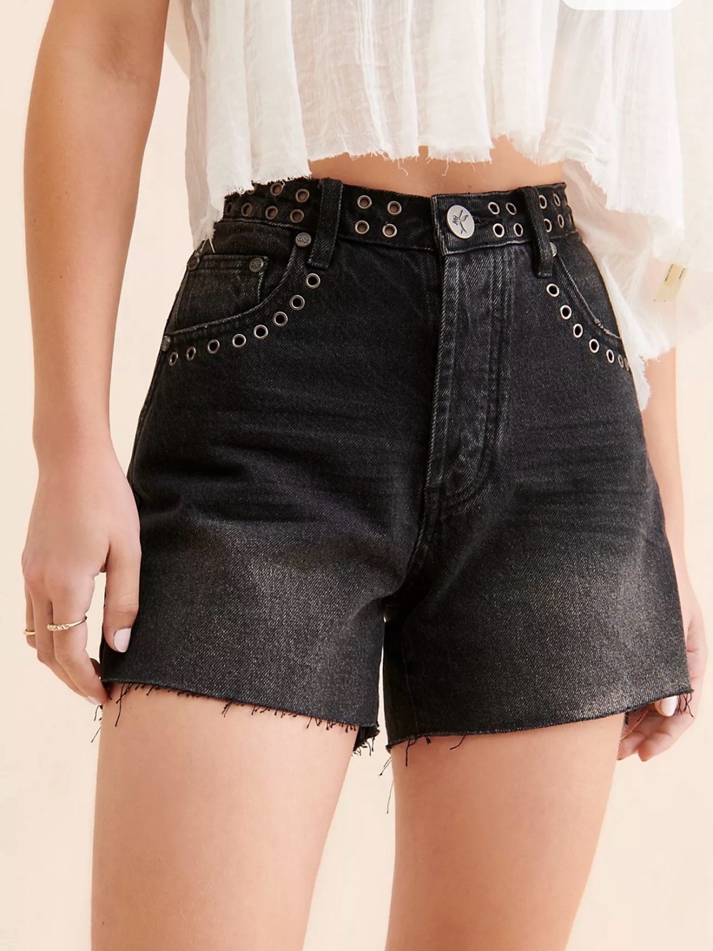 One Teaspoon Distressed Denim Shorts with Studded Waist